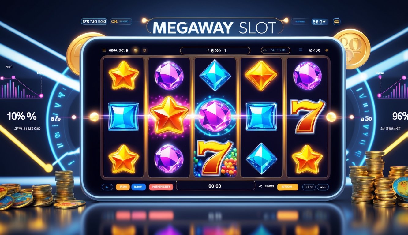 Antarmuka mesin slot online Megaways dengan simbol warna-warni dan grafik yang menunjukkan peluang menang tinggi.