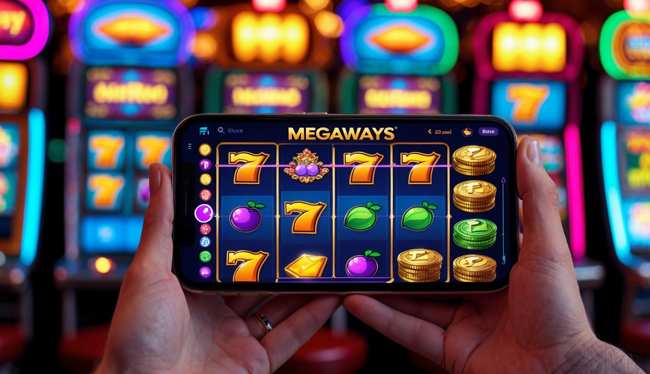 Seseorang memegang ponsel yang menampilkan permainan slot Megaways dengan latar belakang kasino yang kabur.
