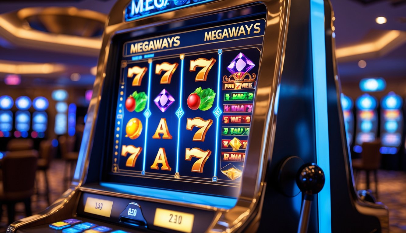 Mesin slot Megaways modern dengan layar berwarna-warni di dalam kasino.