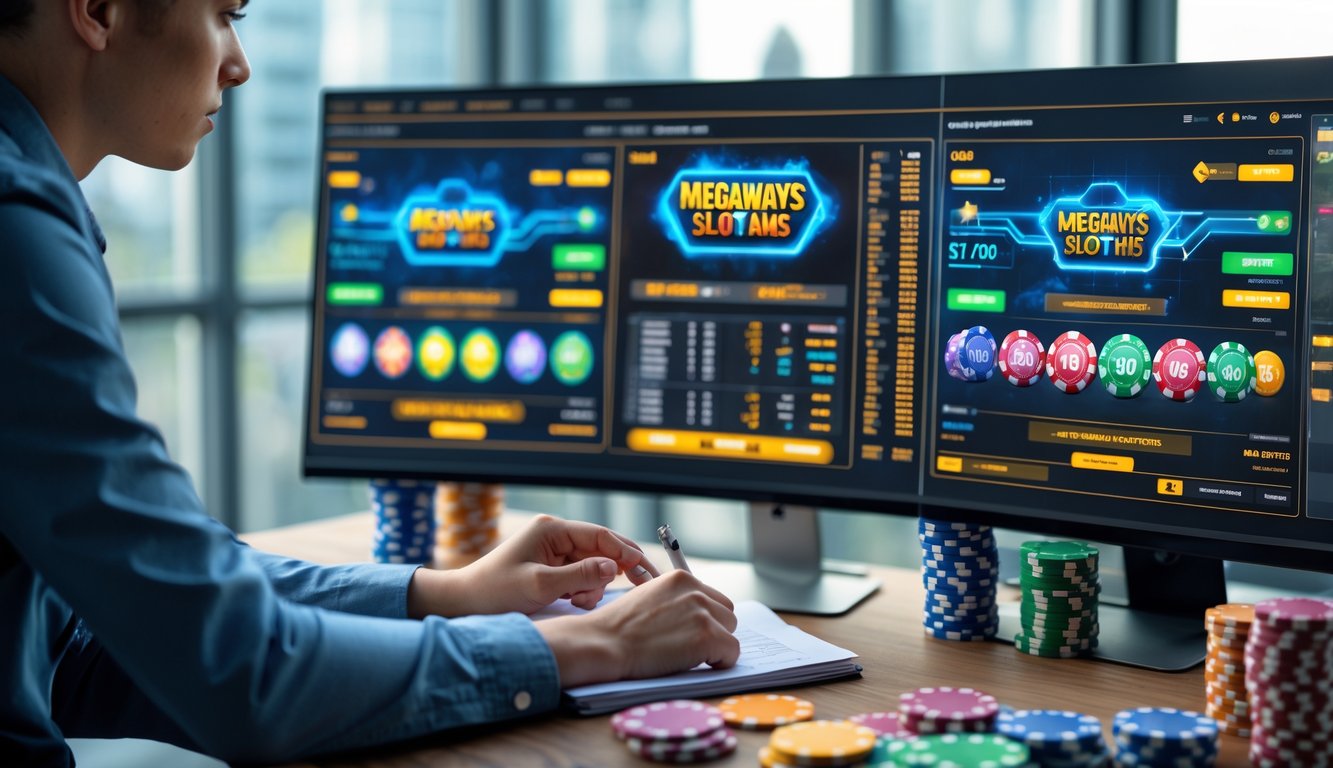 Seseorang sedang merencanakan strategi menang Megaways dengan melihat layar komputer dan mencatat di kantor modern.