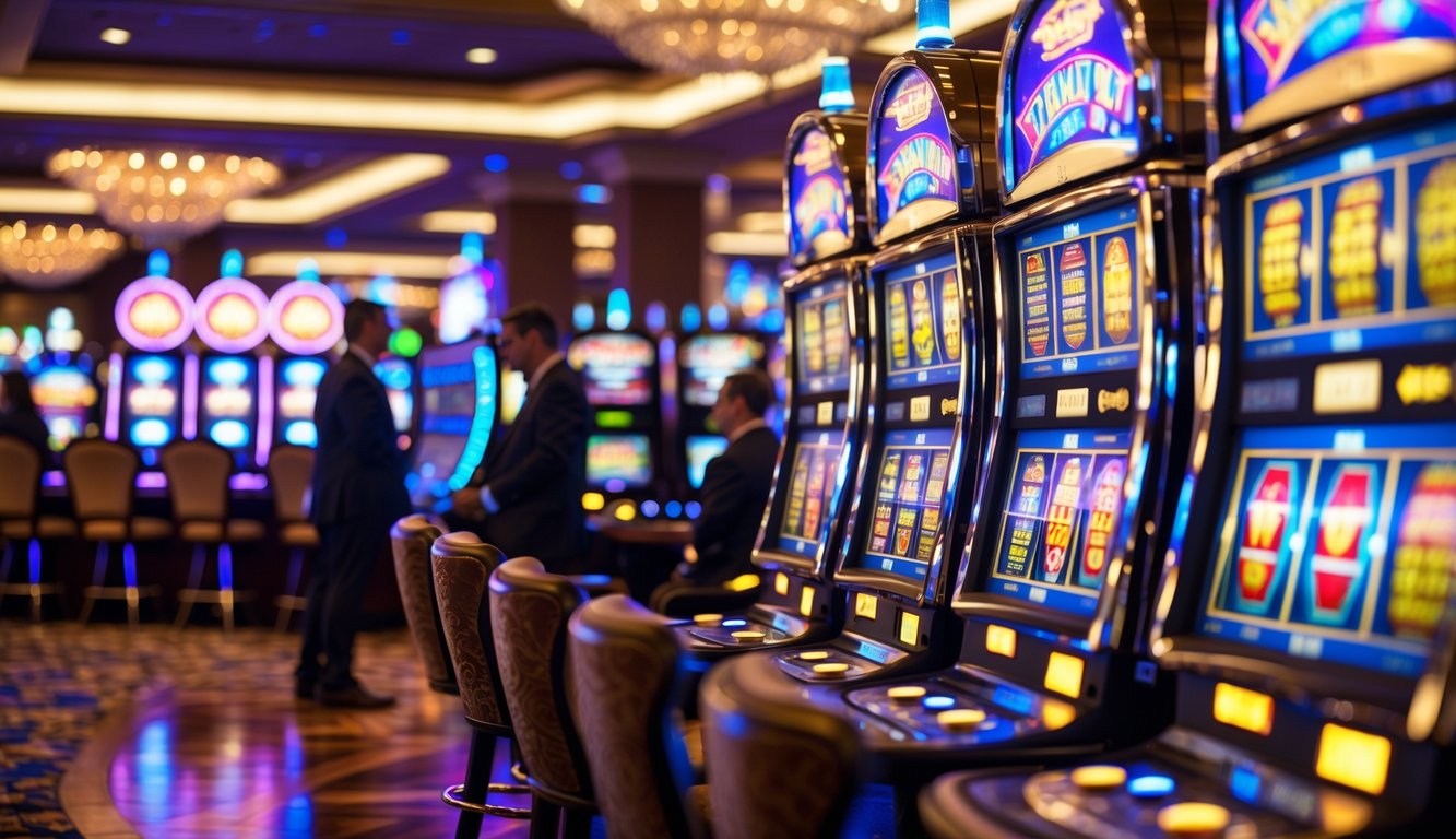 Interior kasino dengan mesin slot aktif dan pemain yang sedang bermain.