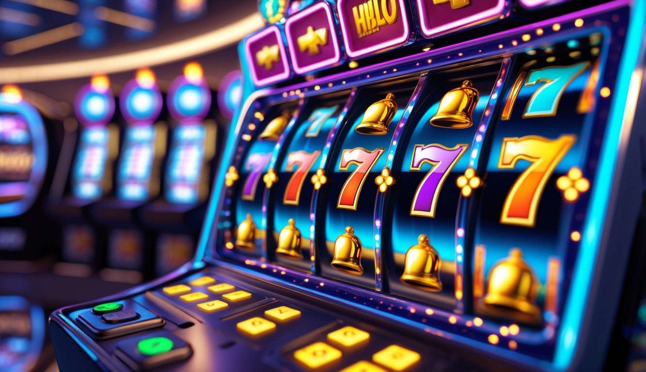 Layar permainan mesin slot online dengan simbol buah dan angka tujuh yang berwarna-warni dan lampu neon yang menyala.