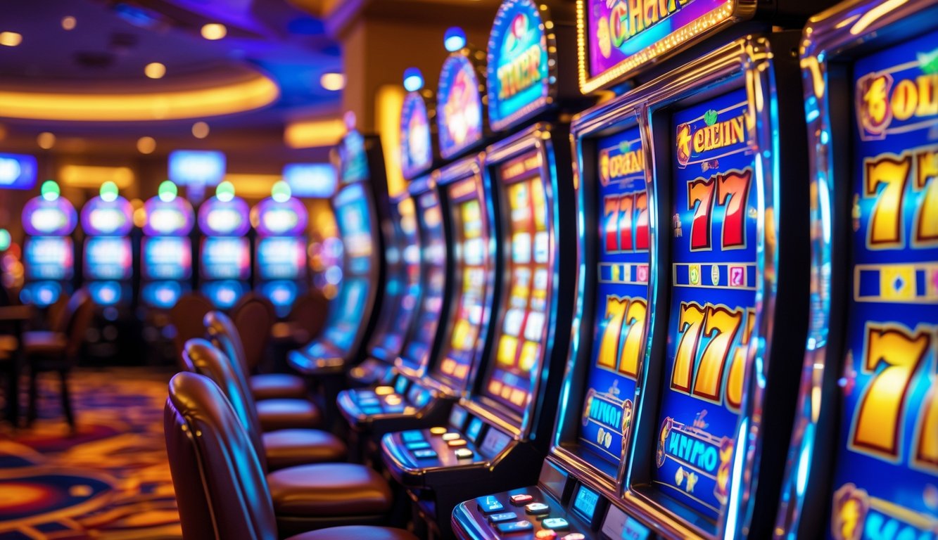 Mesin slot Vegas berwarna-warni dengan lampu berkedip di dalam kasino yang ramai.