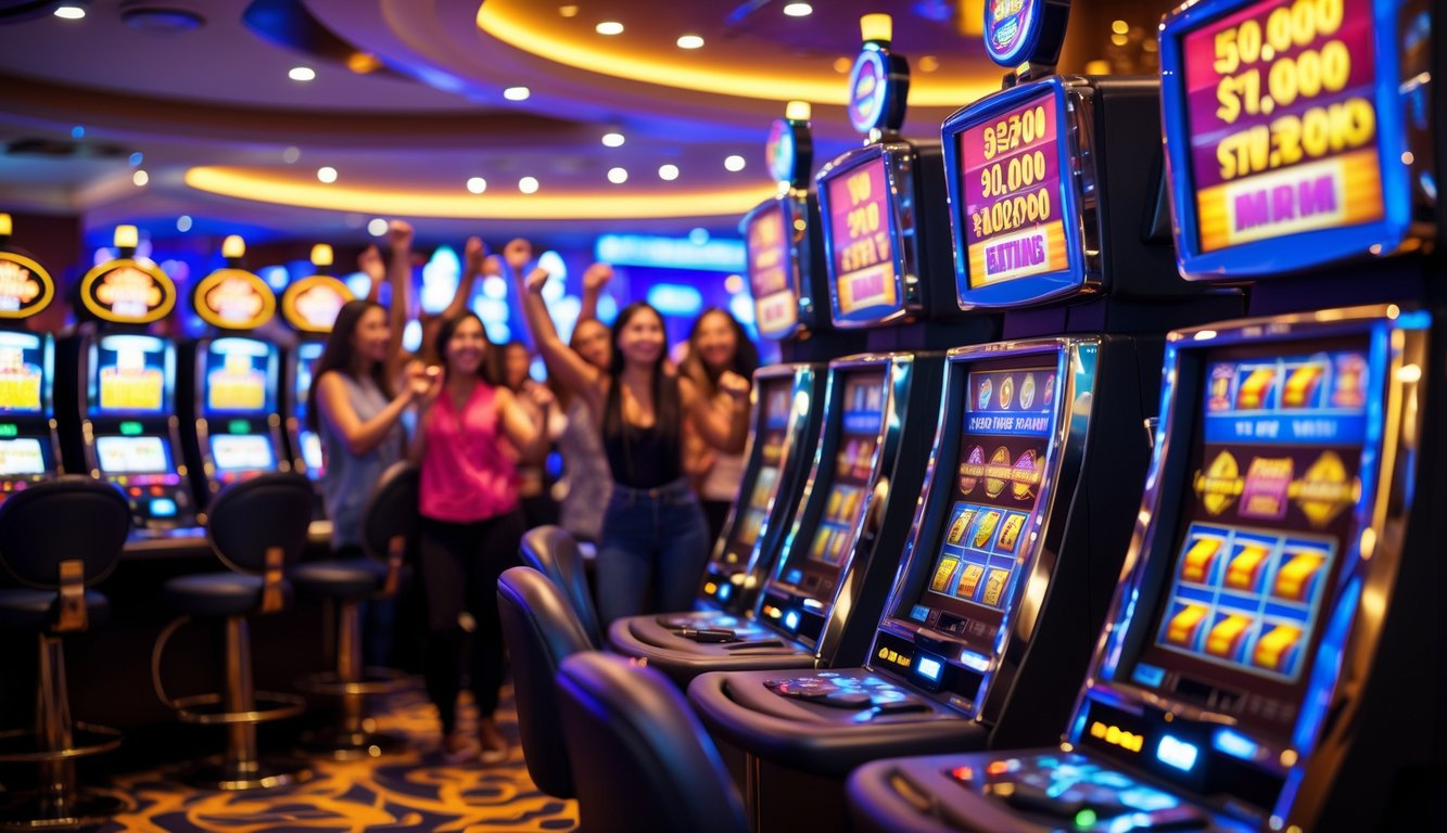 Area mesin slot di kasino dengan mesin slot modern yang menyala dan orang-orang yang terlihat antusias bermain.