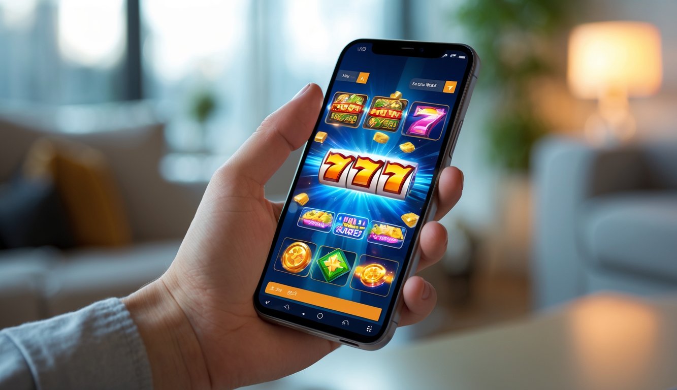 Seseorang memegang ponsel yang menampilkan permainan slot online dengan simbol warna-warni dan efek bergerak.