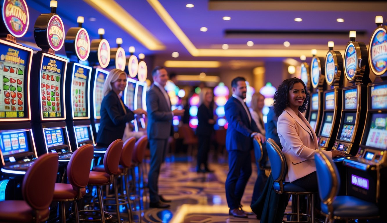 Beberapa orang dewasa bermain mesin slot di dalam kasino yang terang dan modern.