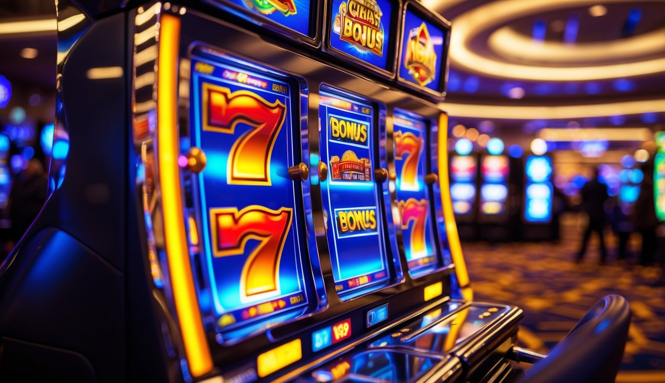 Mesin slot modern dengan lampu warna-warni dan gulungan yang menunjukkan simbol kemenangan di dalam kasino yang ramai.