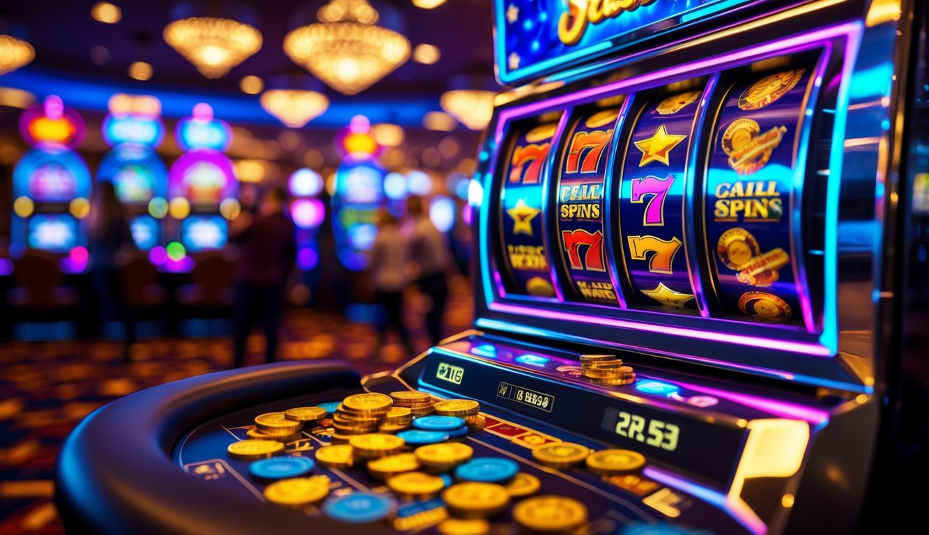 Mesin slot berwarna-warni dengan koin emas dan chip kasino di sekitarnya di dalam kasino yang ramai.