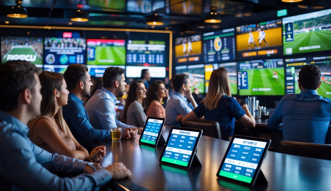 Sekelompok orang sedang menonton pertandingan olahraga dan menggunakan perangkat digital untuk memasang taruhan parlay di sebuah bar olahraga.