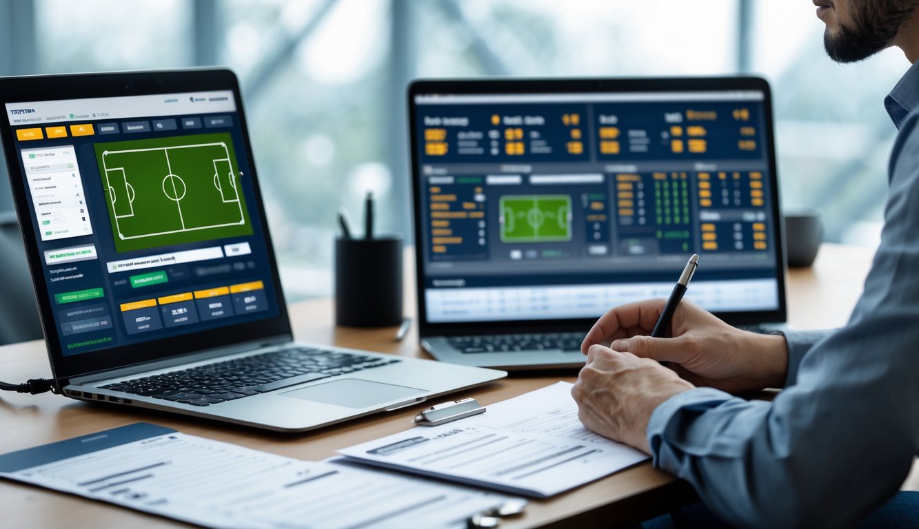 Seseorang sedang duduk di meja dengan laptop dan ponsel, menganalisis data taruhan bola secara serius.
