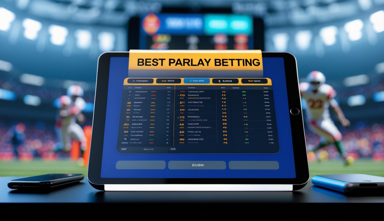 Seseorang menggunakan tablet untuk memasang taruhan olahraga dengan latar belakang stadion dan layar skor digital.