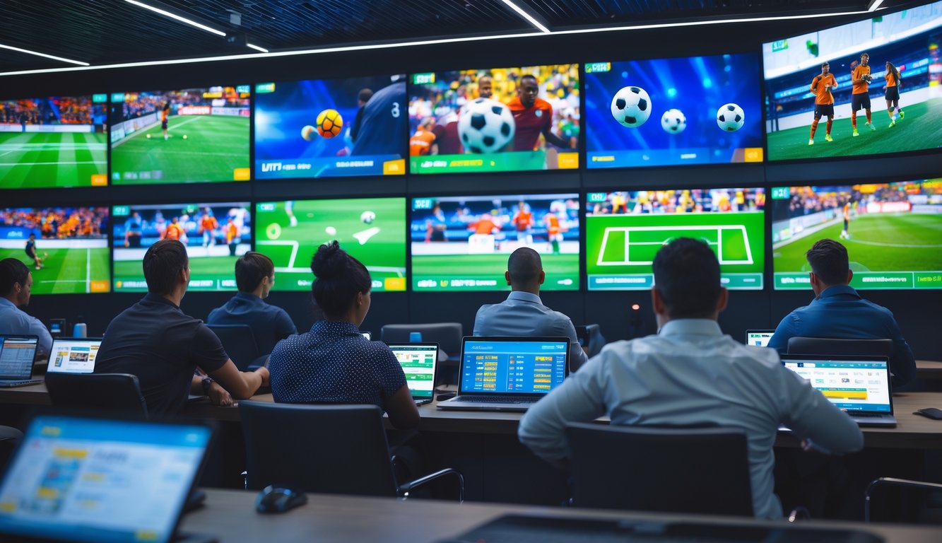 Sekelompok orang sedang menonton pertandingan olahraga langsung di layar besar dengan perangkat taruhan di meja.