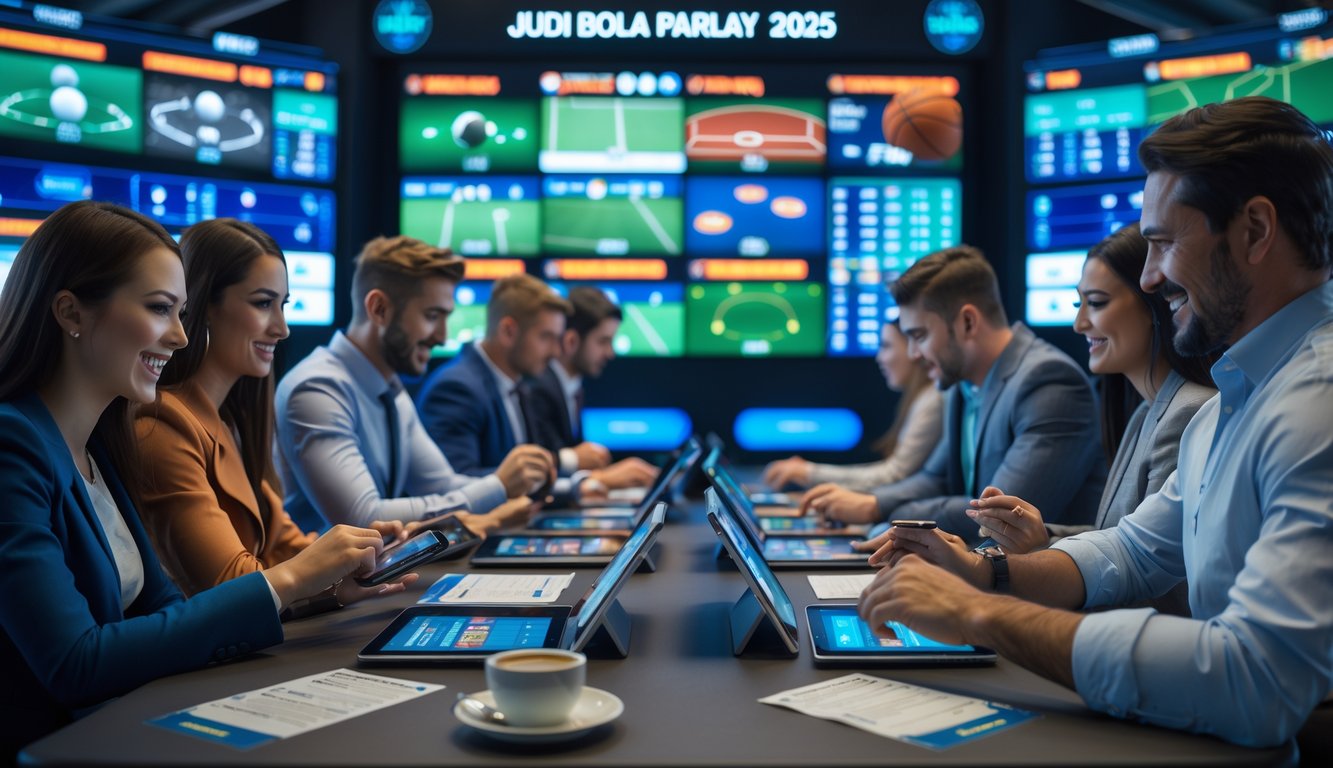 Orang-orang sedang memasang taruhan olahraga di ruang taruhan modern dengan layar besar menampilkan pertandingan olahraga langsung.