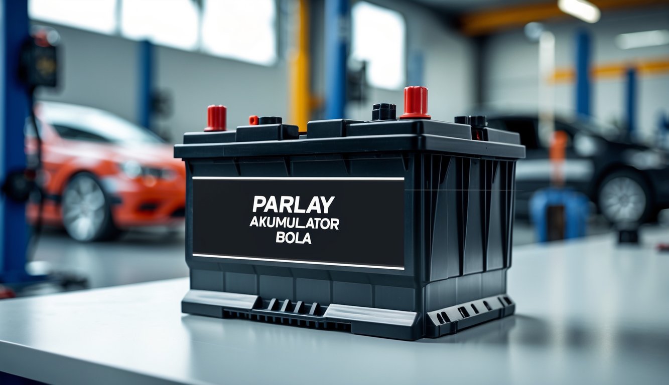 Sebuah aki mobil modern diletakkan di atas permukaan putih dengan latar belakang bengkel mobil yang samar.
