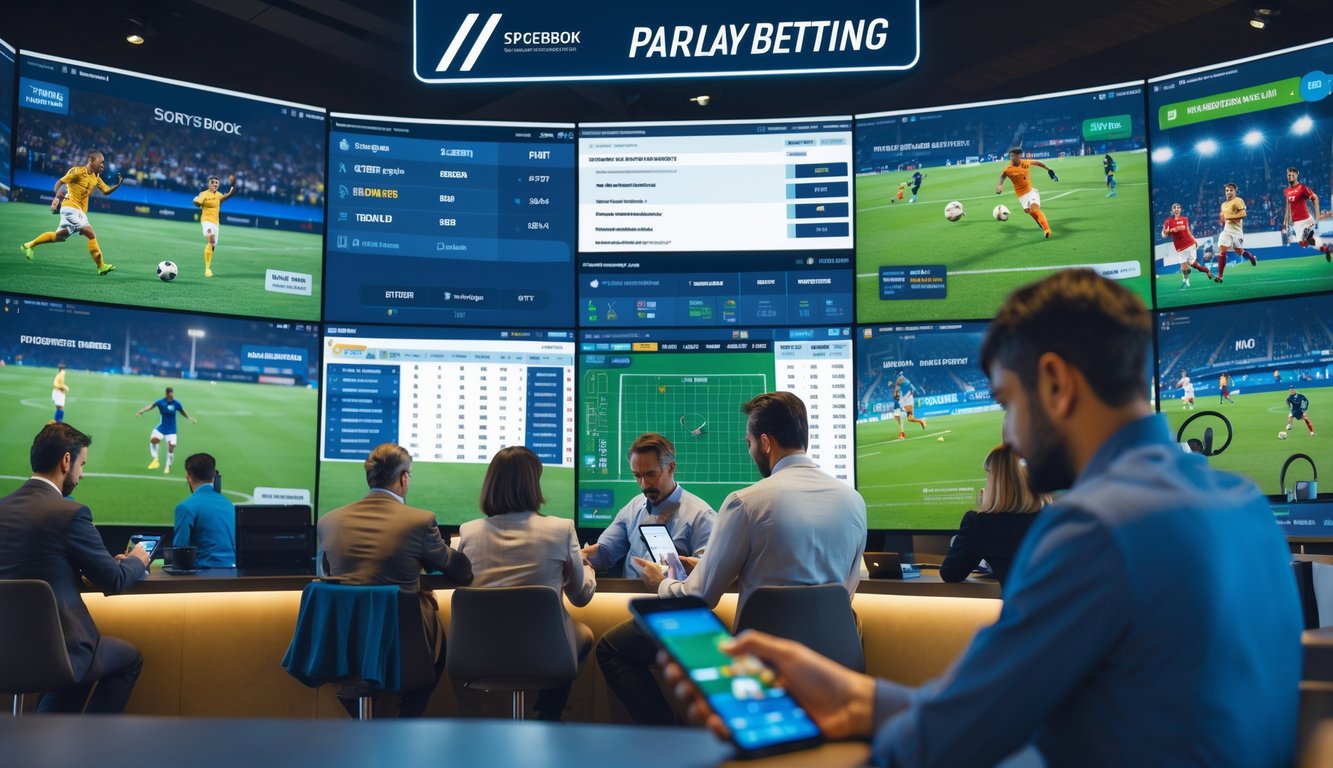 Orang-orang menggunakan perangkat digital untuk memasang taruhan olahraga dengan layar besar menampilkan pertandingan sepak bola di latar belakang.