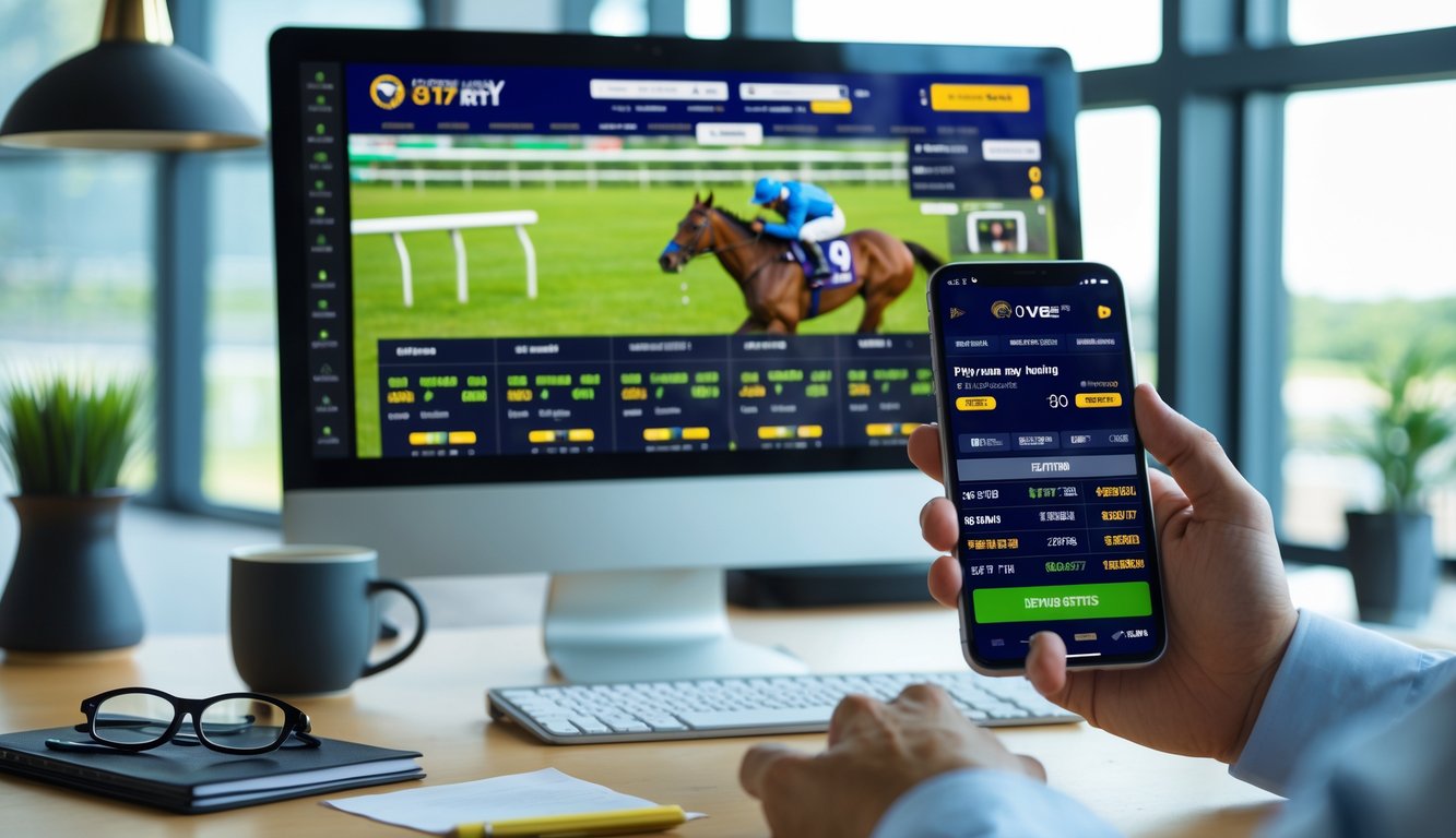 Seseorang menggunakan komputer dan ponsel untuk memasang taruhan balap kuda secara online di sebuah meja kerja.