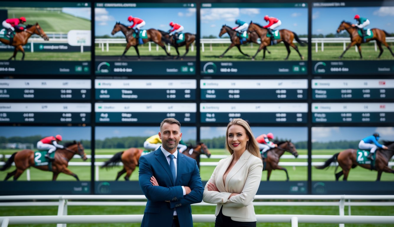 Seorang pria dan wanita berdiri di depan layar digital menampilkan statistik dan balapan kuda di latar belakang lintasan pacuan kuda dengan beberapa kuda dan joki berlari kencang.