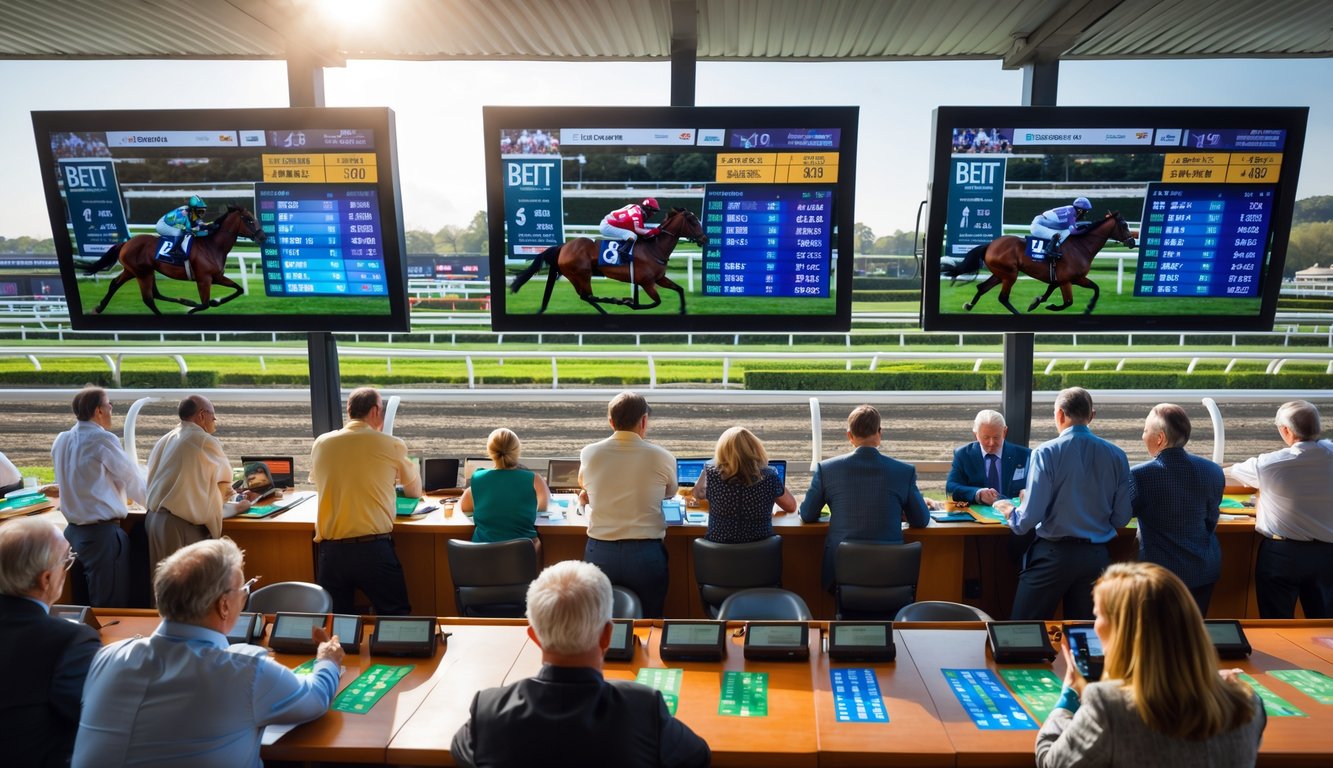 Orang-orang sedang menonton balap kuda secara langsung dan memasang taruhan di area taruhan yang ramai.