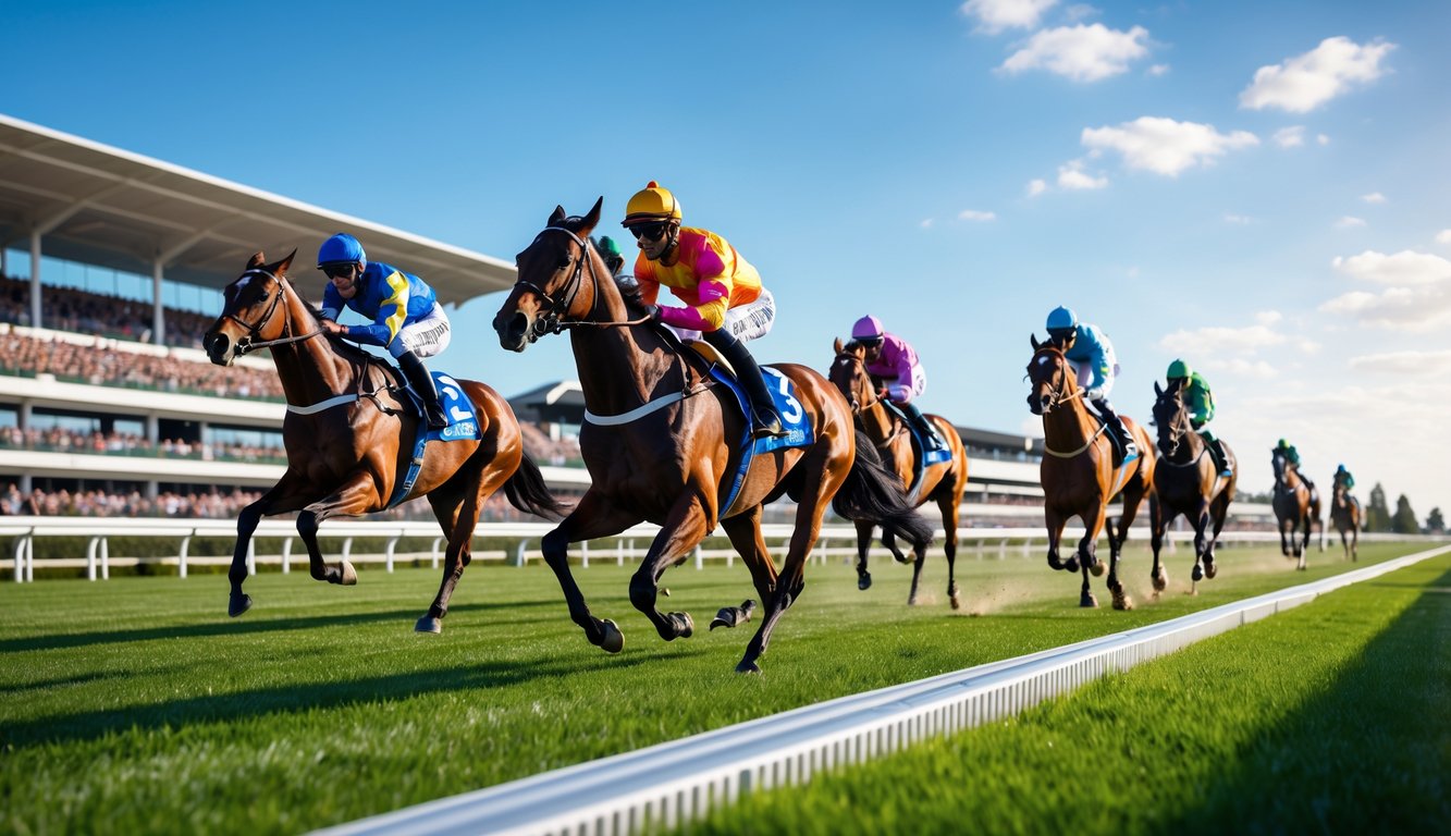 Adegan balap kuda dengan beberapa kuda dan joki yang sedang berlomba di lintasan dengan penonton di tribun.