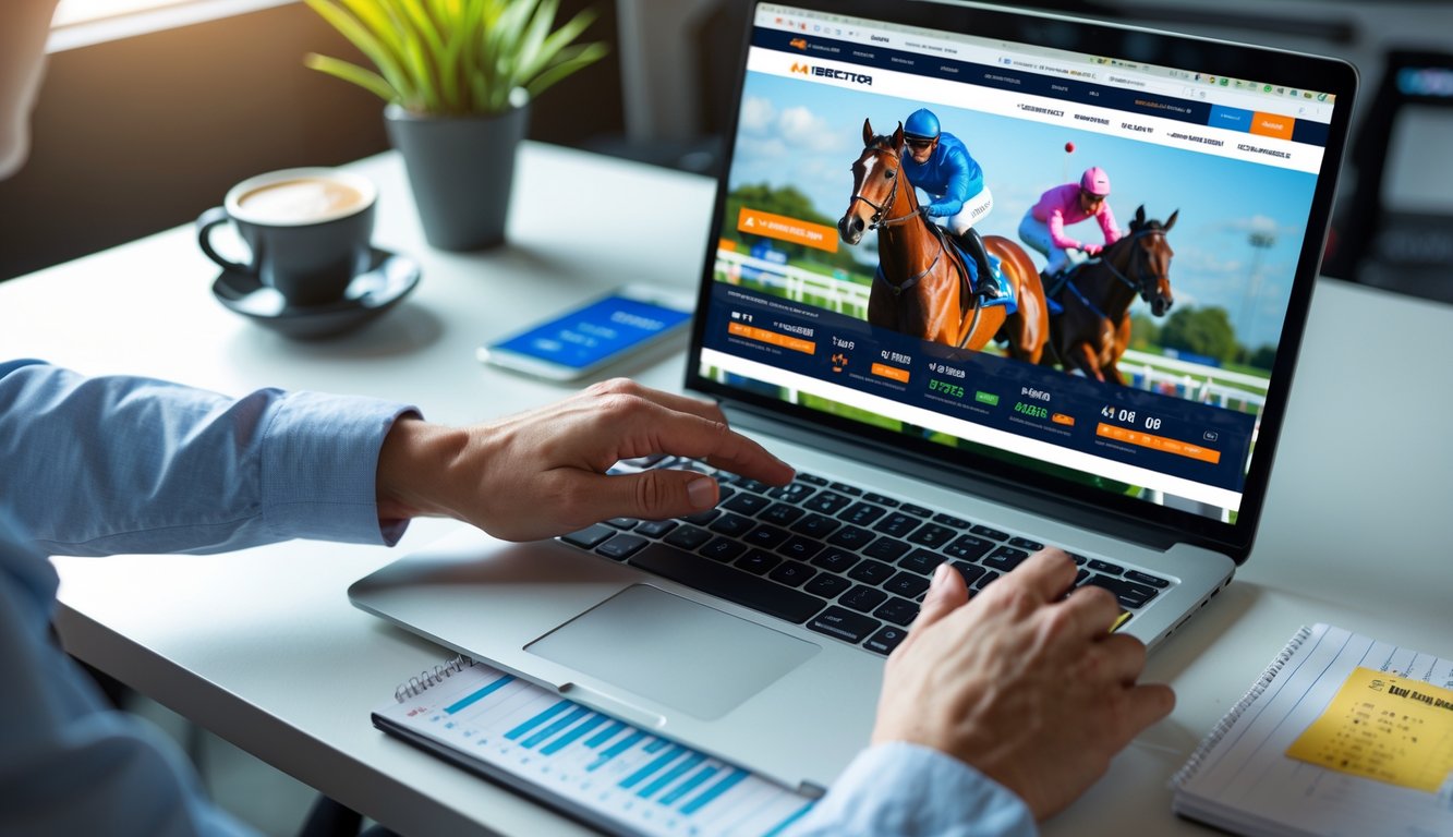 Seorang pria menggunakan laptop dengan tampilan situs taruhan kuda online, di meja terdapat ponsel dan cangkir kopi.