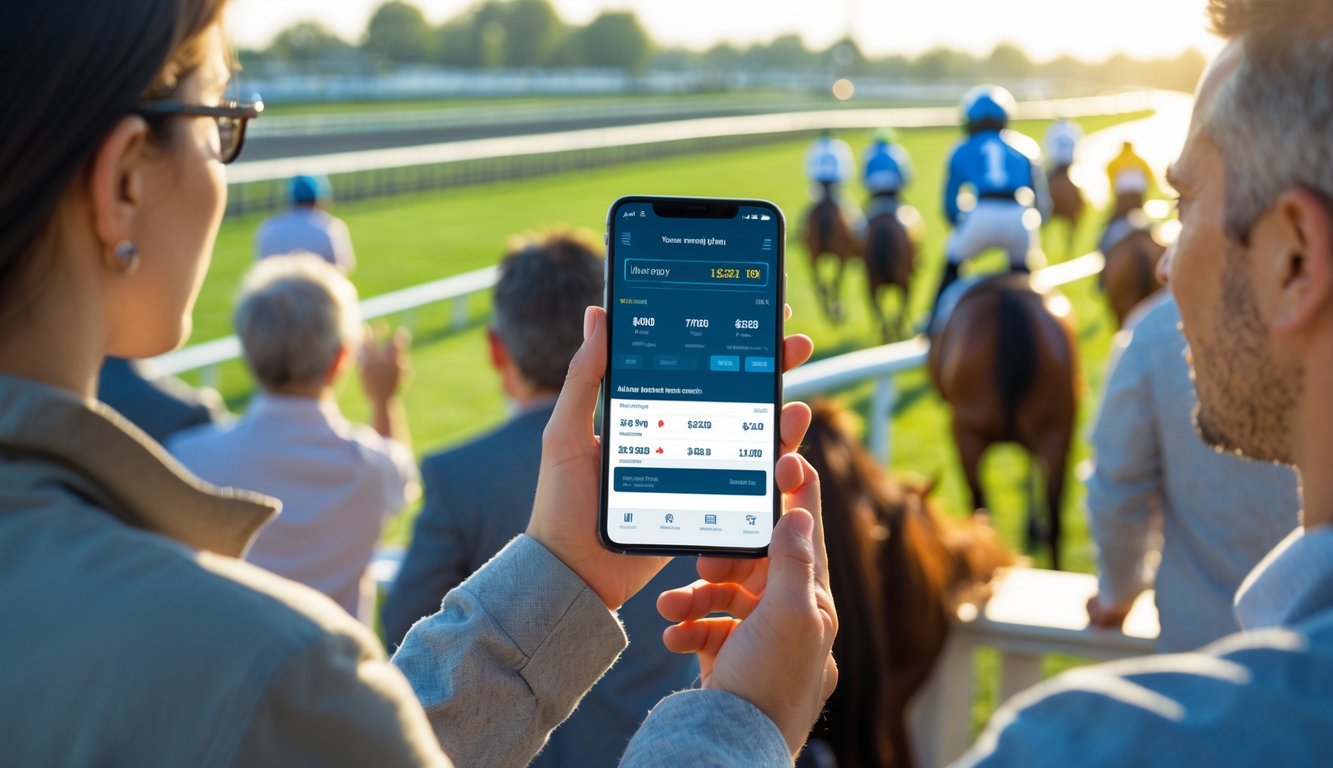 Orang-orang menggunakan ponsel untuk bertaruh pada balapan kuda di arena balap kuda yang ramai.