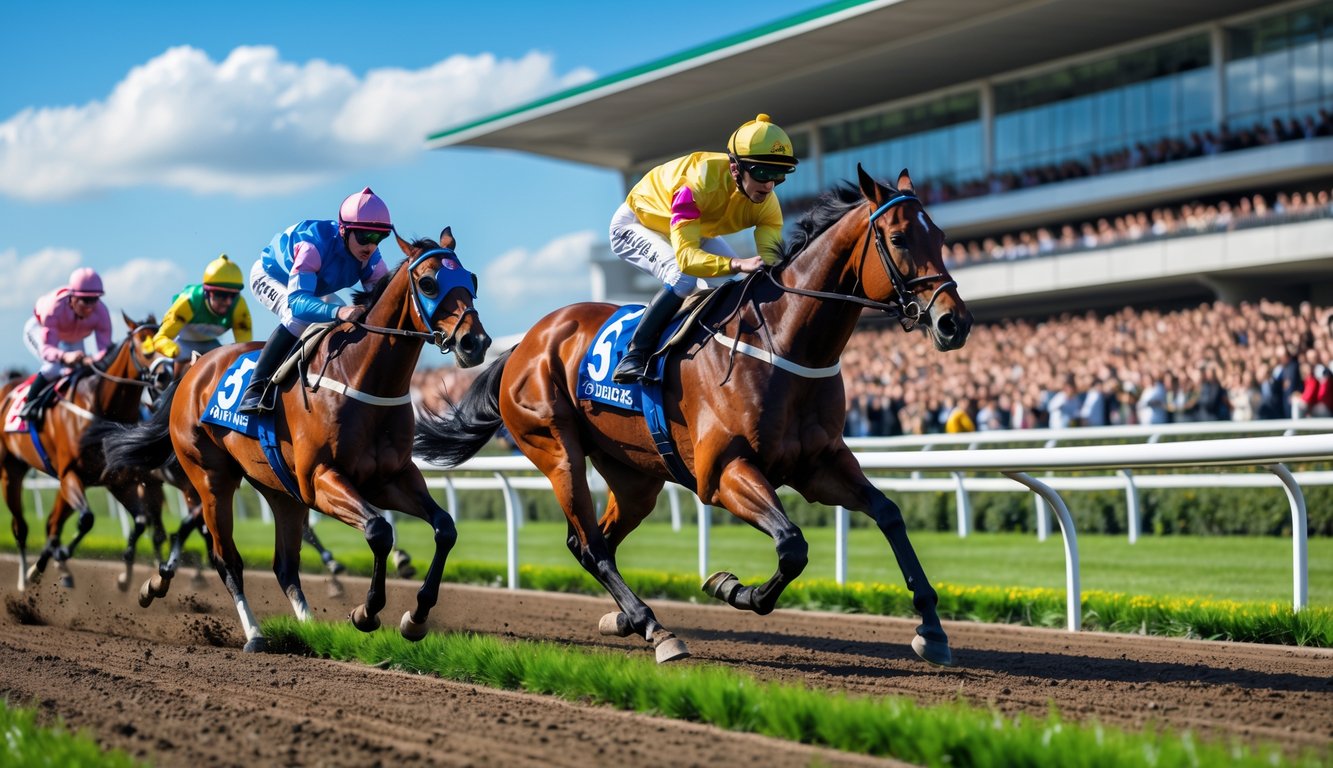 Beberapa kuda pacuan dengan joki sedang berlari kencang di lintasan balap dengan penonton di tribun dan langit cerah.
