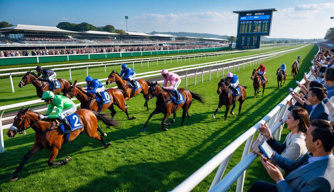 Balapan kuda internasional dengan penonton yang antusias memasang taruhan di trek balap yang ramai.