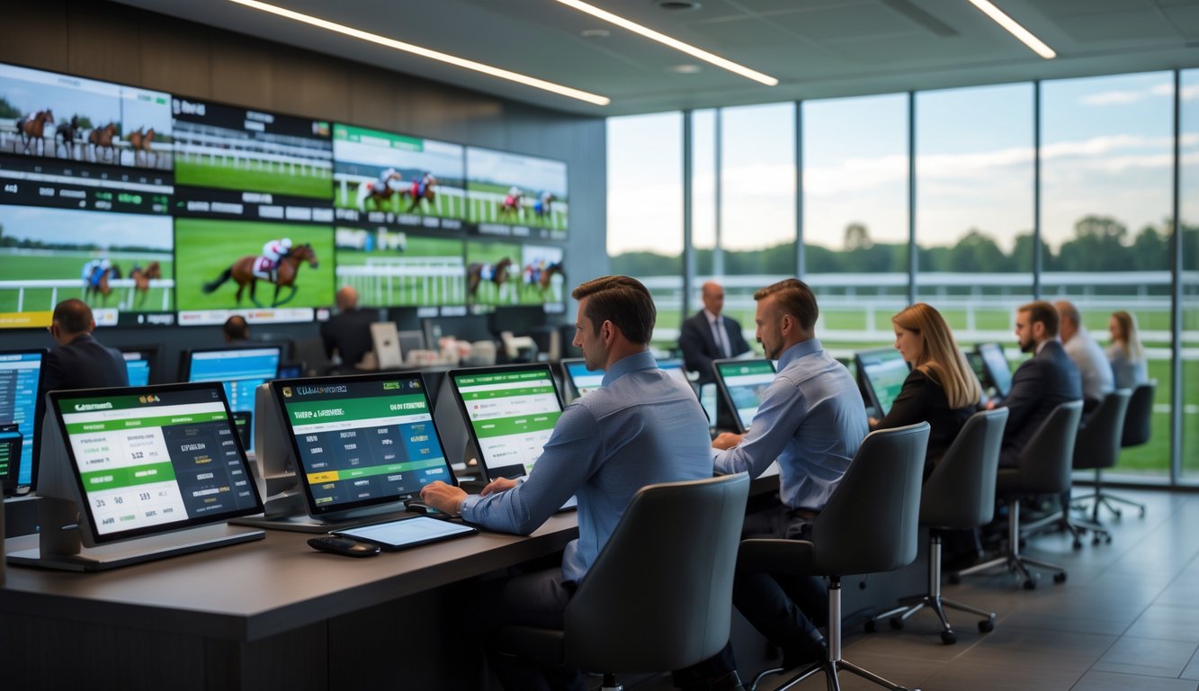 Orang-orang sedang memasang taruhan balap kuda di ruang taruhan modern dengan layar besar yang menampilkan balapan kuda.