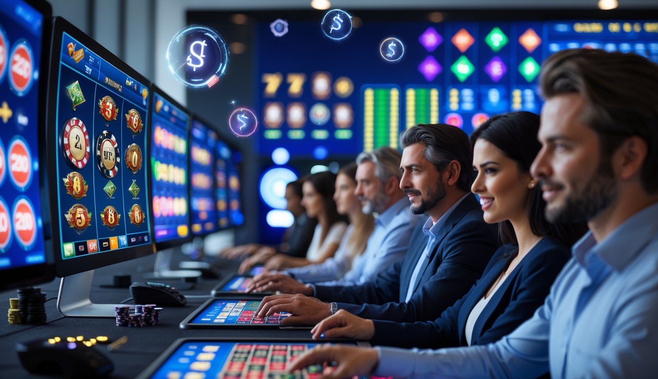 Beberapa orang dewasa bermain permainan kasino online di ruang kerja modern dengan layar komputer yang menampilkan berbagai permainan slot dan poker.