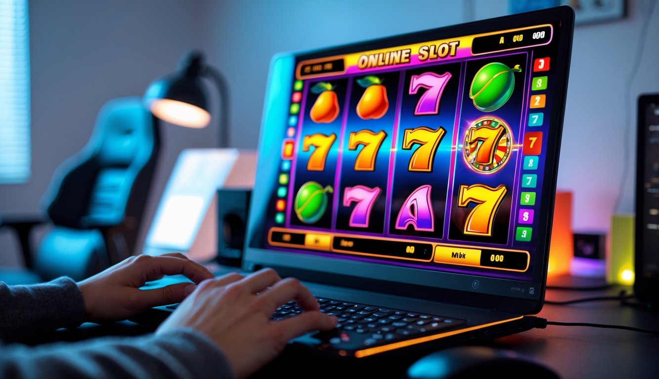 Seseorang menggunakan komputer dengan layar menampilkan permainan mesin slot online yang berwarna-warni di ruang kerja modern.
