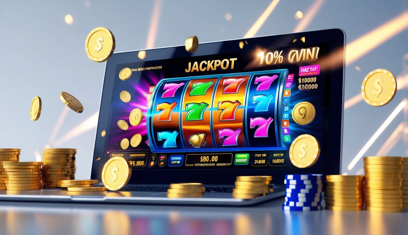 Sebuah laptop atau ponsel menampilkan permainan mesin slot online dengan koin emas dan chip poker di sekitarnya, menunjukkan suasana kemenangan jackpot.