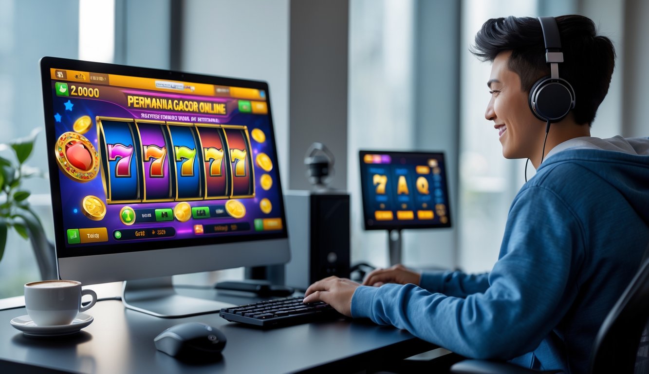 Seorang pemain muda sedang bermain permainan slot online di komputer di ruang kerja yang terang dan nyaman.