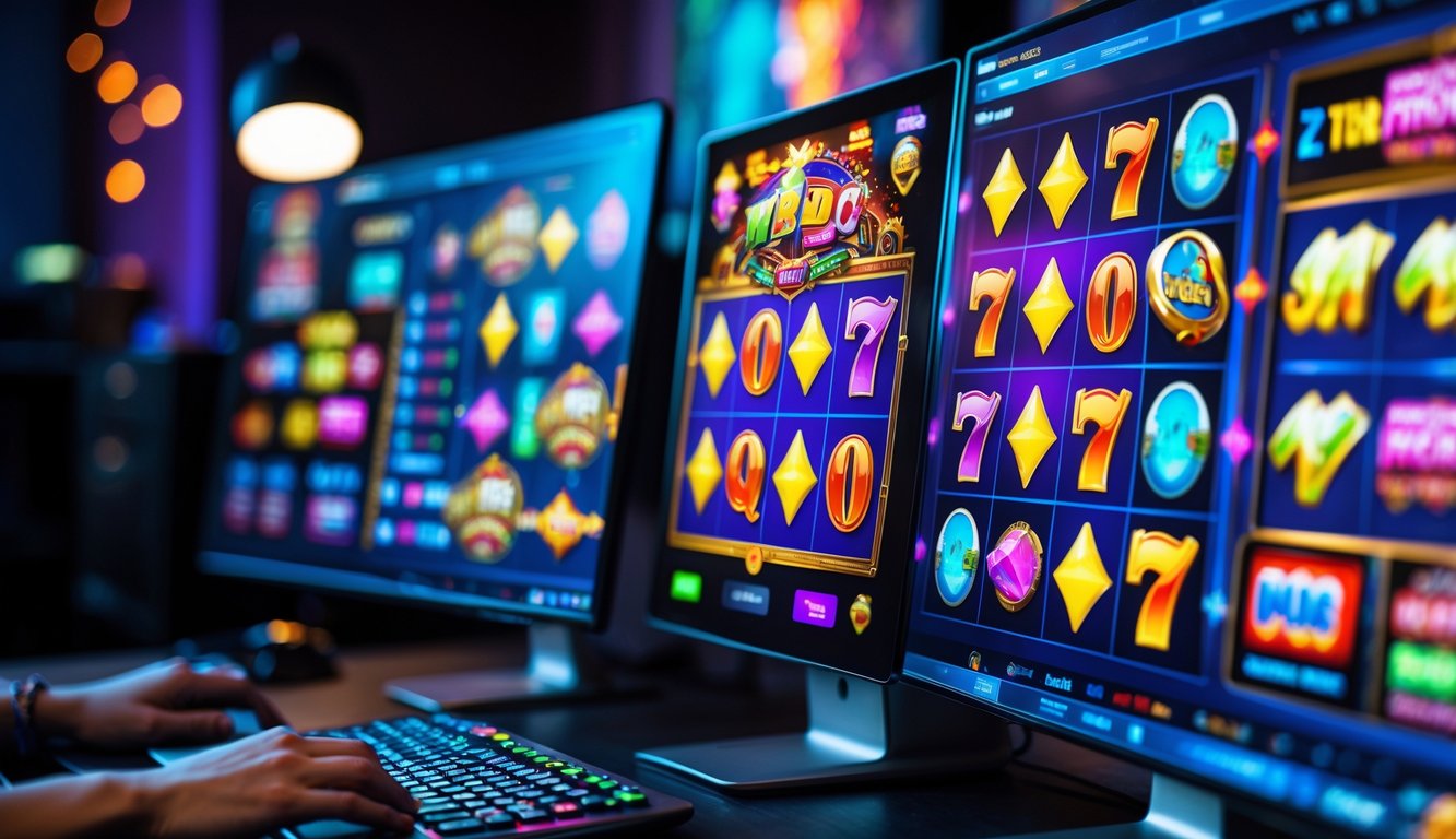 Sebuah ruangan dengan komputer yang menampilkan permainan slot online dengan layar berwarna-warni dan suasana yang nyaman.