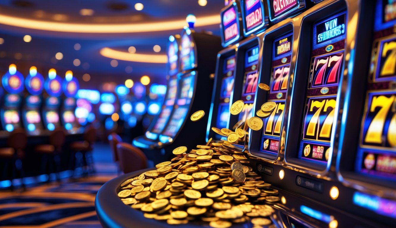 Mesin slot kasino modern dengan lampu warna-warni dan koin yang melimpah dari mesin, menunjukkan suasana kemenangan besar.