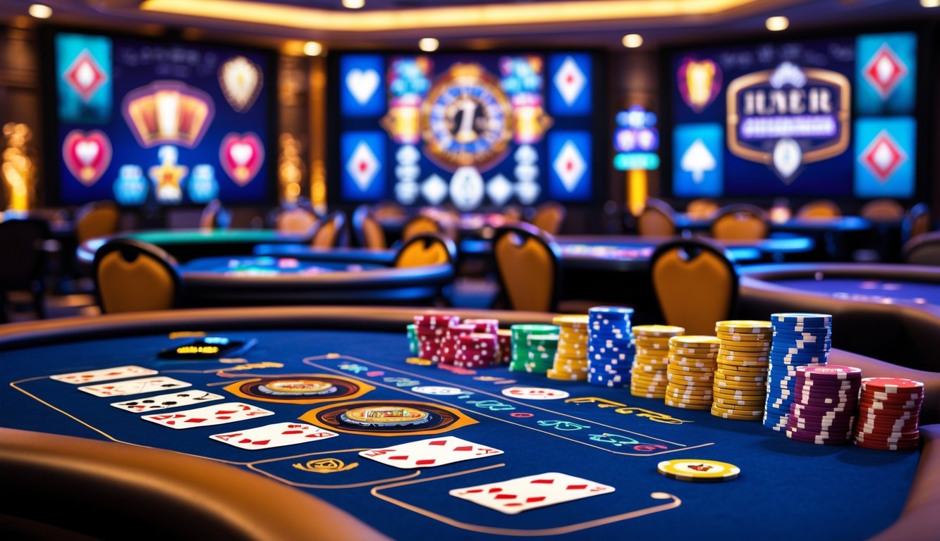 Suasana meja permainan kartu digital yang modern dengan kartu dan chip poker berwarna-warni di sebuah kasino.