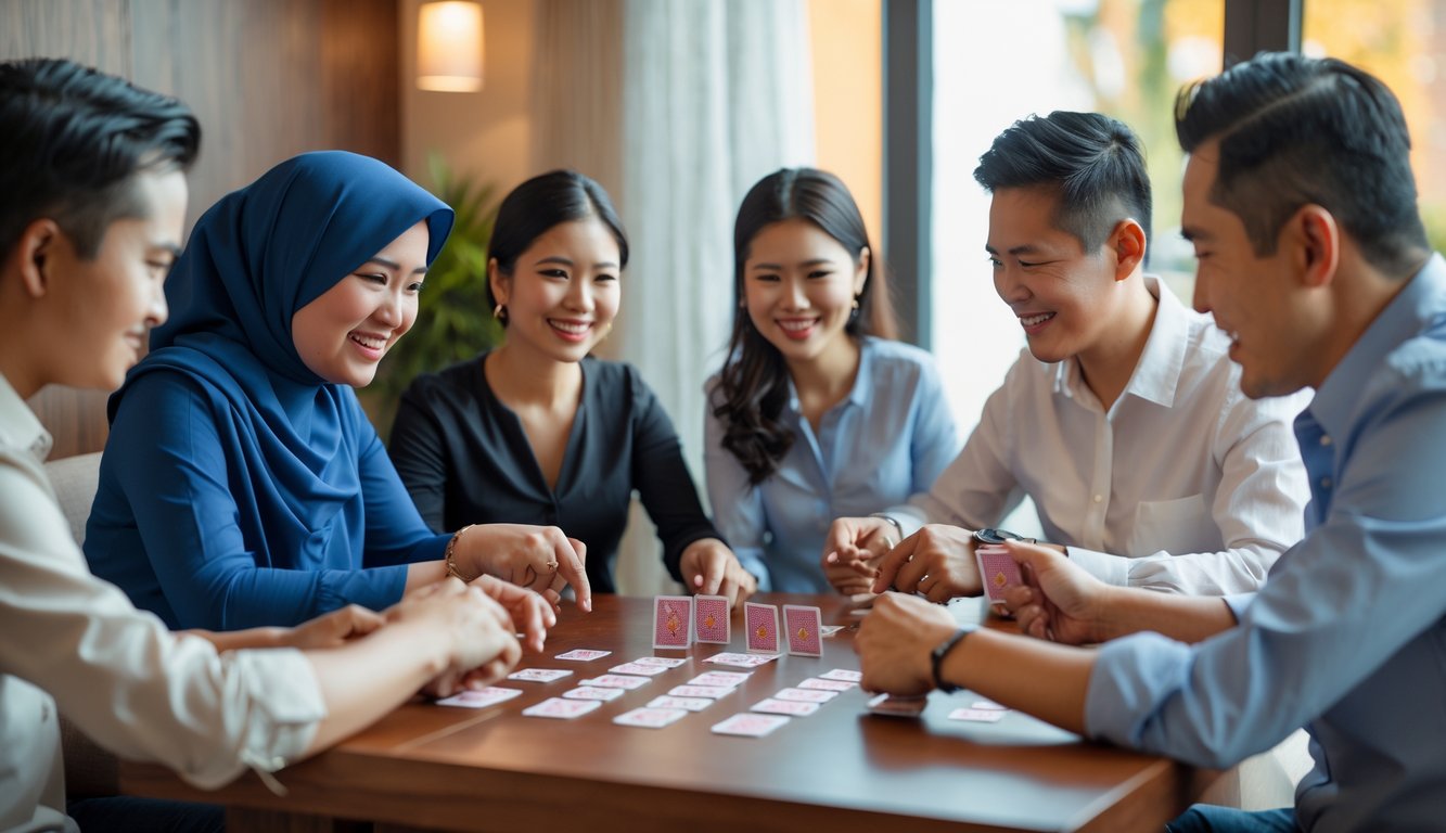 Beberapa orang sedang bermain permainan kartu Capsa Gacor di sekitar meja kayu dalam ruangan dengan pencahayaan alami.