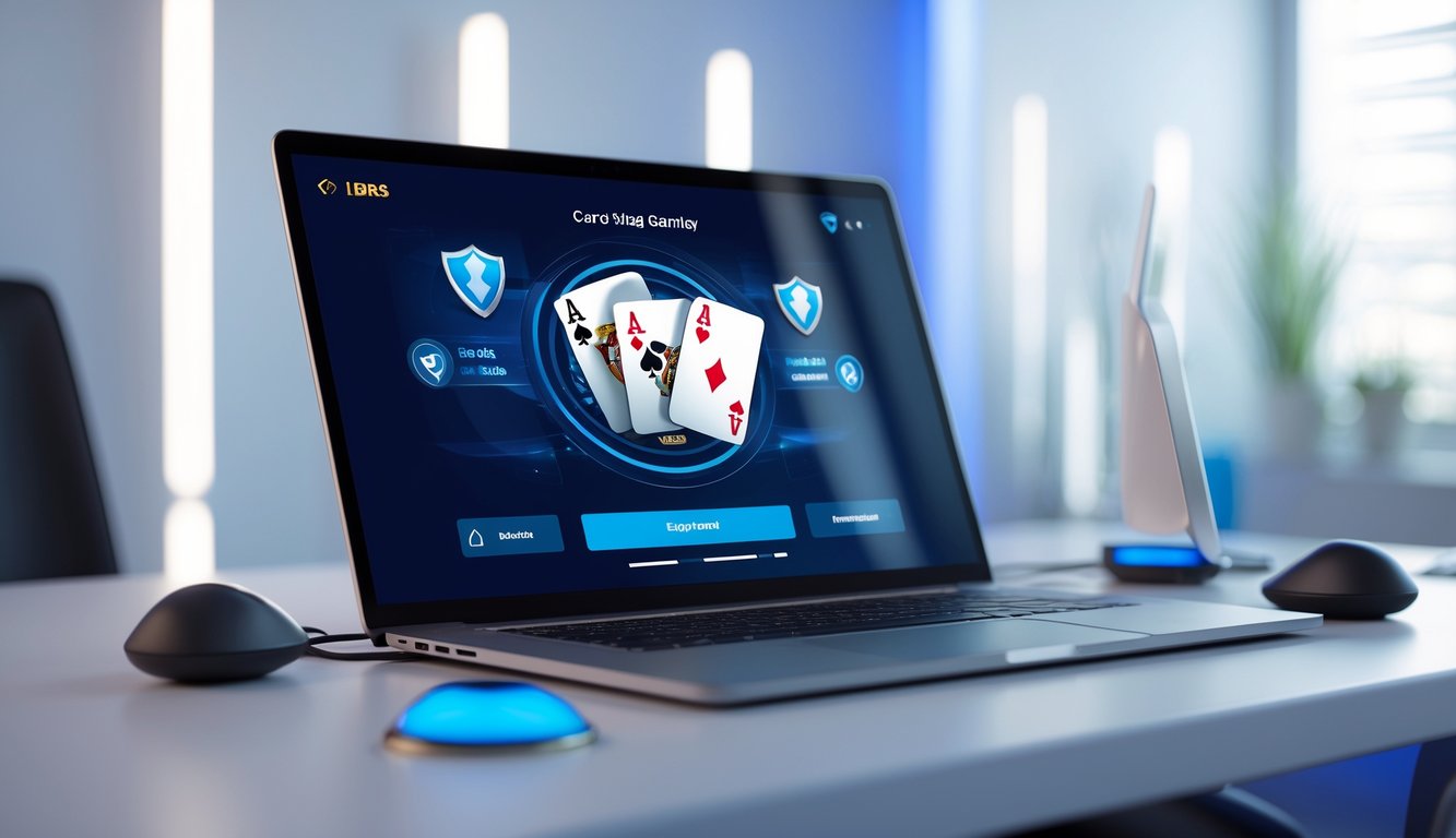 Sebuah setup permainan kartu online yang modern dan terpercaya dengan komputer menampilkan permainan kartu digital di layar.