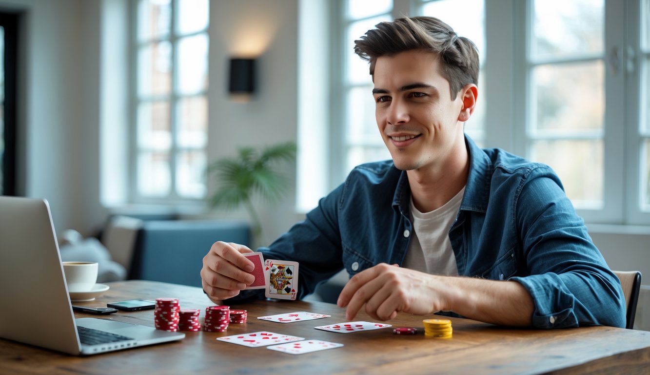 Seorang dewasa muda duduk di meja kayu modern, fokus bermain kartu dengan ekspresi strategis dan percaya diri.