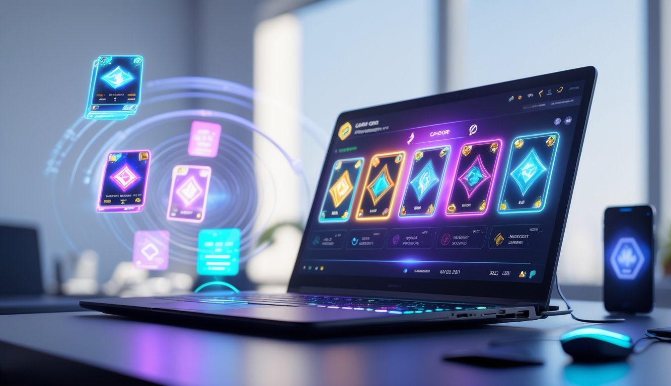 Sebuah meja kerja modern dengan laptop yang menampilkan permainan kartu online yang berwarna-warni, dikelilingi oleh elemen digital futuristik dan cahaya lembut.