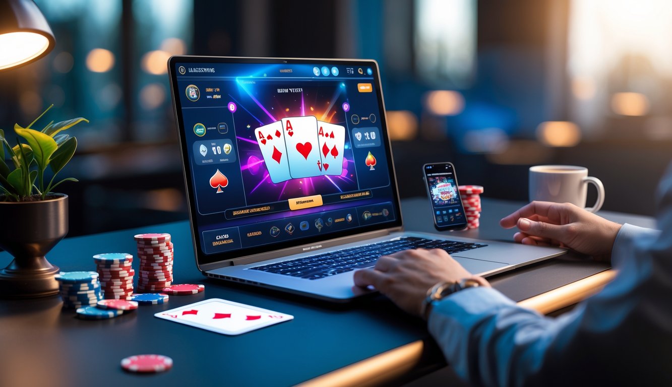 Meja modern dengan laptop menampilkan permainan kartu digital, chip poker, ponsel, dan cangkir kopi dalam suasana bermain yang fokus.