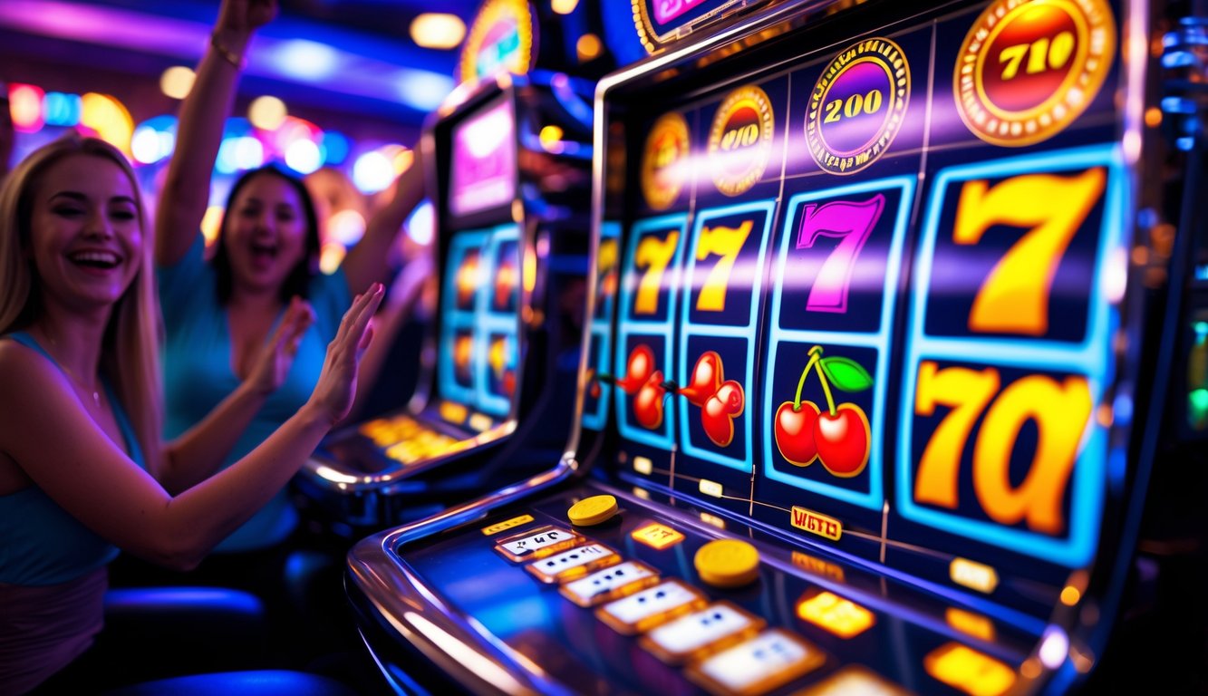 Mesin slot modern dengan gulungan berwarna cerah yang menunjukkan simbol kemenangan, dengan latar belakang pemain yang sedang merayakan kemenangan.