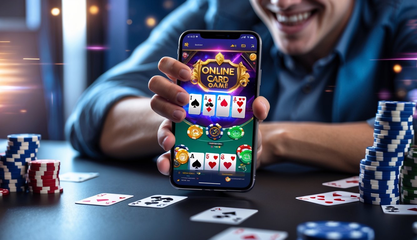 Seseorang memegang ponsel yang menampilkan permainan kartu online dengan suasana fokus dan antusias.
