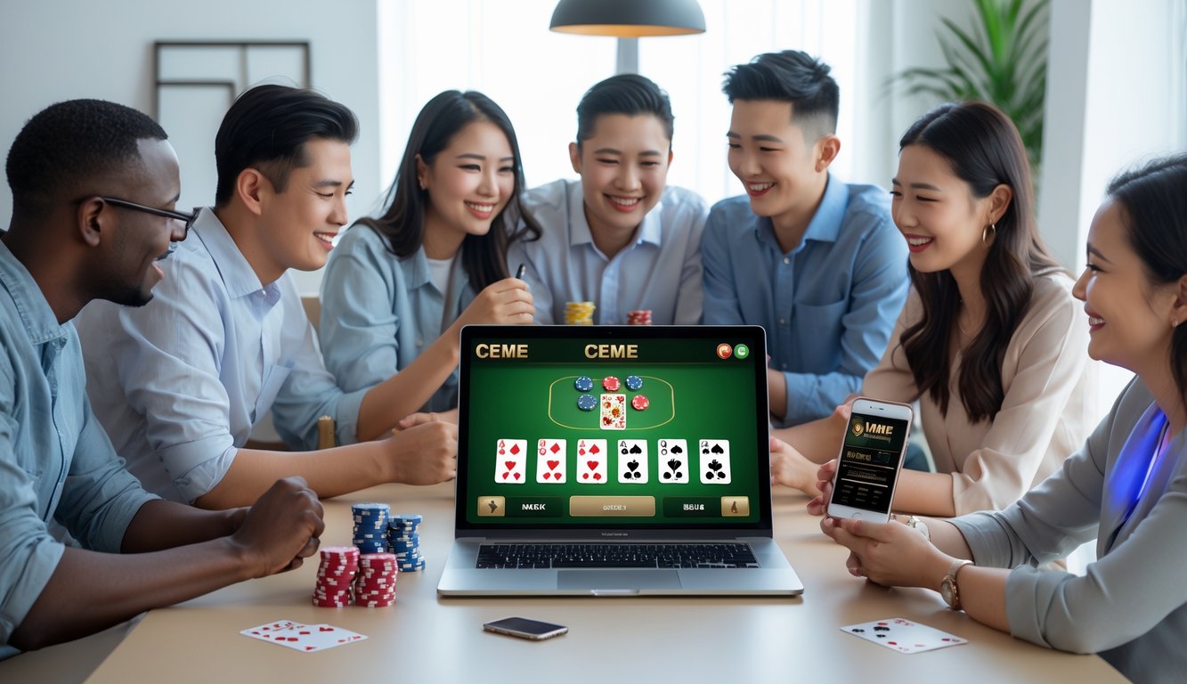 Beberapa orang sedang bermain judi kartu Ceme secara online di depan laptop di sebuah ruang kerja modern.