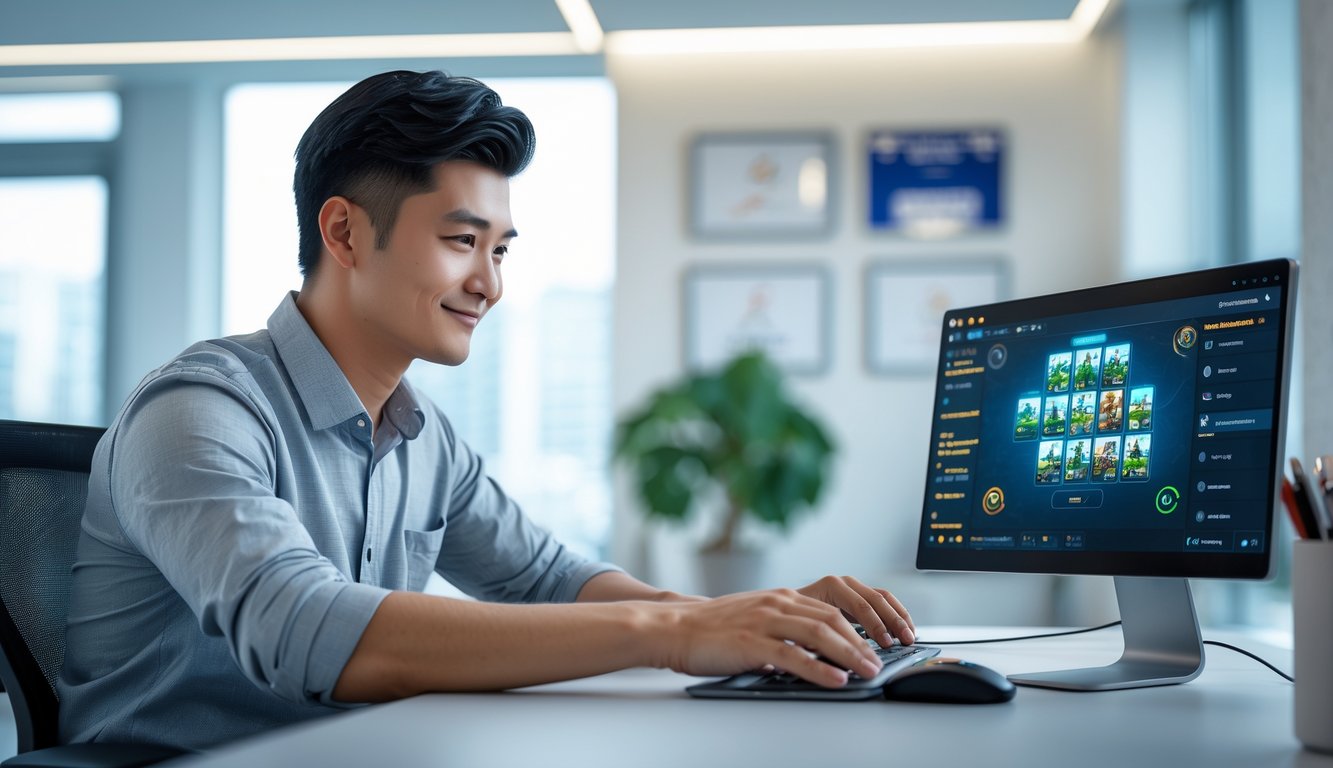 Seorang pria muda duduk di meja kantor modern sambil melihat layar laptop dengan tampilan permainan kartu online.