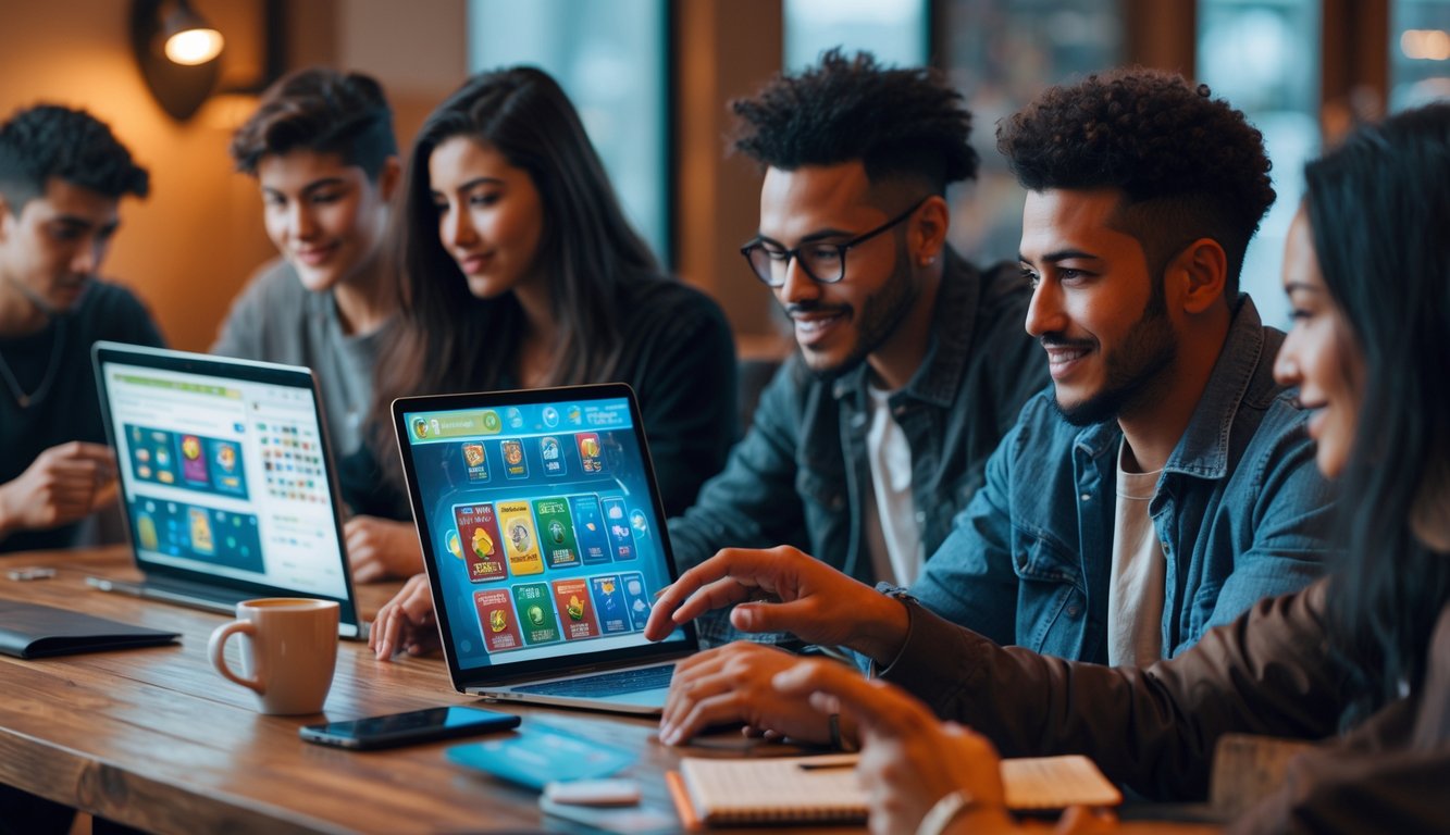 Sekelompok orang muda sedang bermain permainan kartu online menggunakan laptop dan ponsel di meja kayu dalam ruangan yang nyaman.