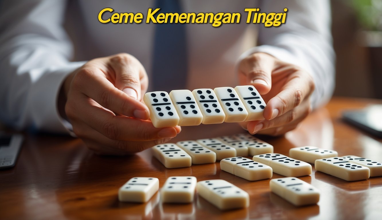 Tangan memegang set domino yang menang di atas meja kayu dengan latar belakang buram.