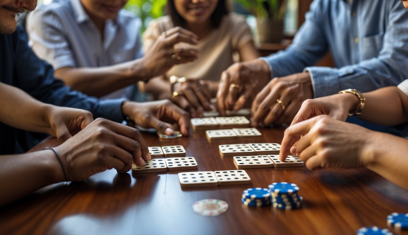 Beberapa orang sedang bermain kartu Ceme di meja kayu dengan tumpukan chip poker di sekitarnya.