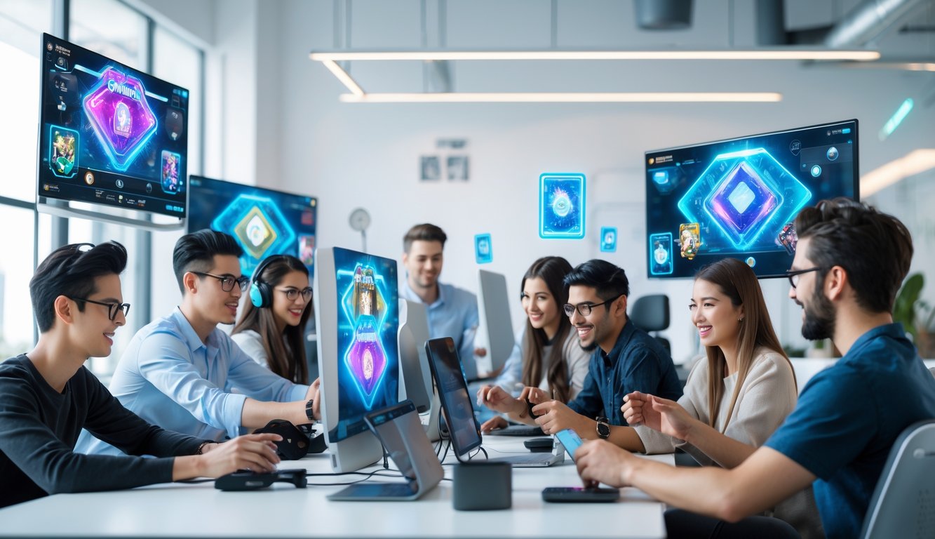 Sekelompok orang muda bermain permainan kartu secara online di ruang kerja modern dengan perangkat teknologi canggih.