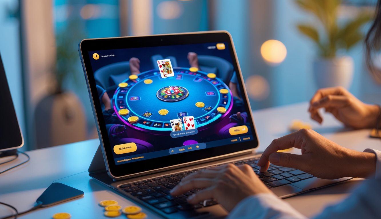 Seseorang bermain permainan kartu online dengan perangkat digital di meja yang rapi dan pencahayaan hangat.