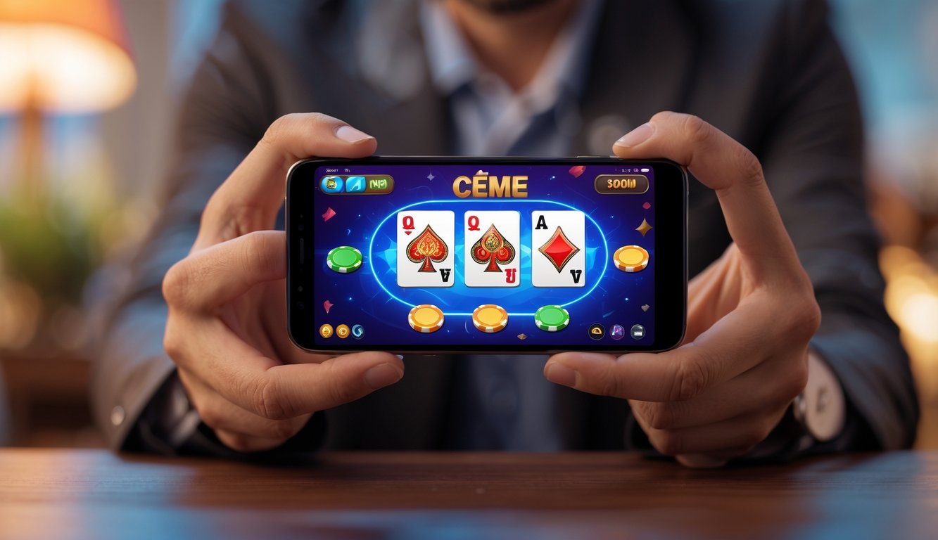 Seseorang memegang ponsel yang menampilkan permainan kartu online dengan latar belakang ruangan yang nyaman.